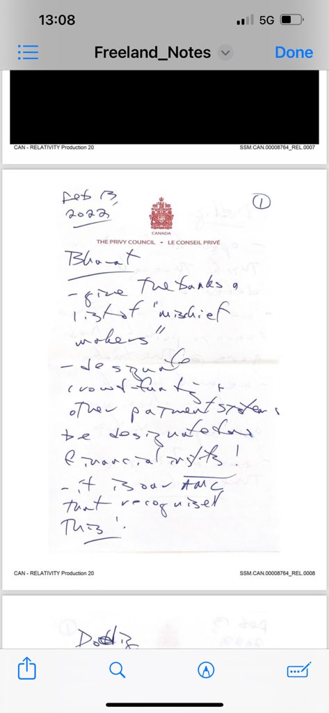 LichTamara's tweet photo. The Freeland files….. 

“This account freeze initiative actually was successful”

“Give the banks a list of mischief makers”

“Use military….” Can’t make out the rest 🤦‍♀️🤷‍♀️ https://t.co/gxg1gDW8U7
