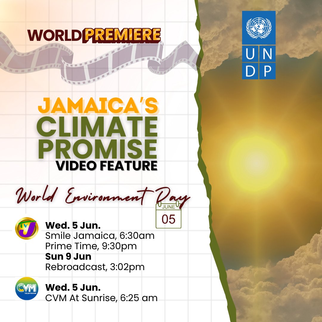 UNDPJamaica's tweet photo. ‼️#WorldEnvironmentDay |🗓️5 JUN‼️

Jamaica's small but powerful contribution to the global mission to limit🌏temp rise🌡️to 1.5 degrees Celsius -  supported by #UNDP under the #ClimatePromise project. @UNDPClimate 

📺World Premiere on @CVMTV &amp; @televisionjam1 | Schedule👇 https://t.co/3hROfBxCRq