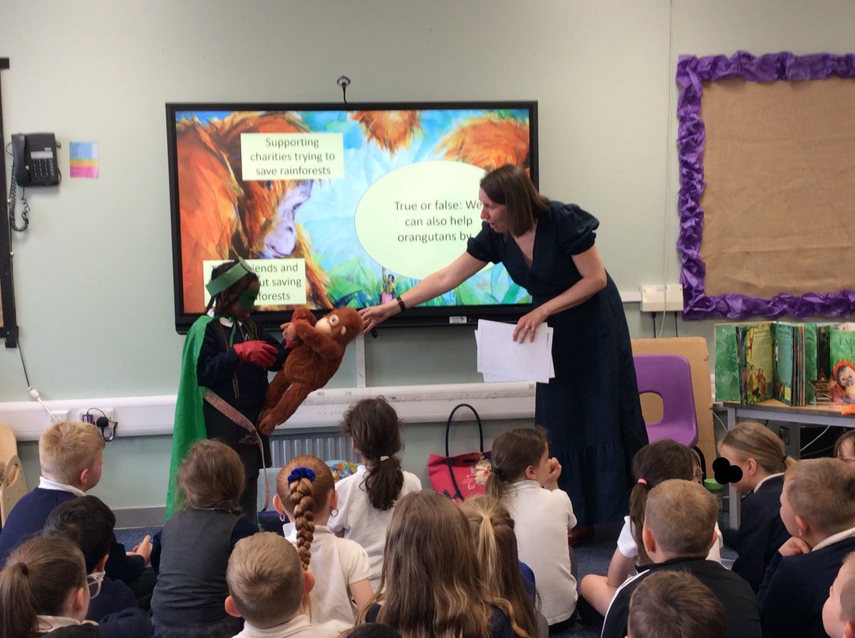 Year 2 had a fantastic morning! @CatherineWard0 carried out an Author workshop. We began with an assembly where Catherine told us all about herself and her book, The Emerald Forest. We learnt about how the rainforests are being destroyed and things we can do help save it🦧🌴