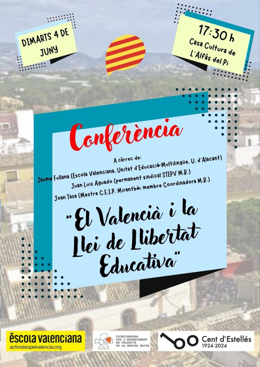 Conferència "El valencià i la Llei de llibertat educativa" celebrada hui 4 de juny a l'Alfàs del Pi.

#EnsPlantemPelValencià

#SíAlValencià

#EscolaPública

<a href="/BaixaMarina/">Coordinadora Marina Baixa</a> 

<a href="/IntersindicalV/">Intersindical_Valen</a>