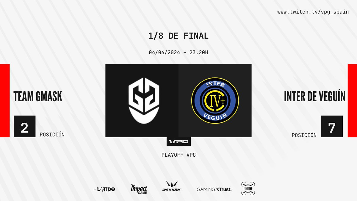 📌¡Ultimo partido de octavos de final de los playoffs!

📲  <a href="/TeamGMask/">Team GMask</a>   🆚  <a href="/e_veguin/">Inter de Veguin</a> 
 
🎙️ <a href="/RoberEsp/">Roberto Adrián</a> <a href="/Mati_Bernstein/">Mati Bernstein 🎤</a> 

🔗twitch.tv/vpg_spain

#SomosTuLiga <a href="/WINNDERcom/">WINNDER</a> <a href="/Trust_Spain/">GXTrust España</a> <a href="/impact_game/">i</a> <a href="/latidoshop/">Latido</a> <a href="/stockdrones/">Canarias-Stock.es</a>