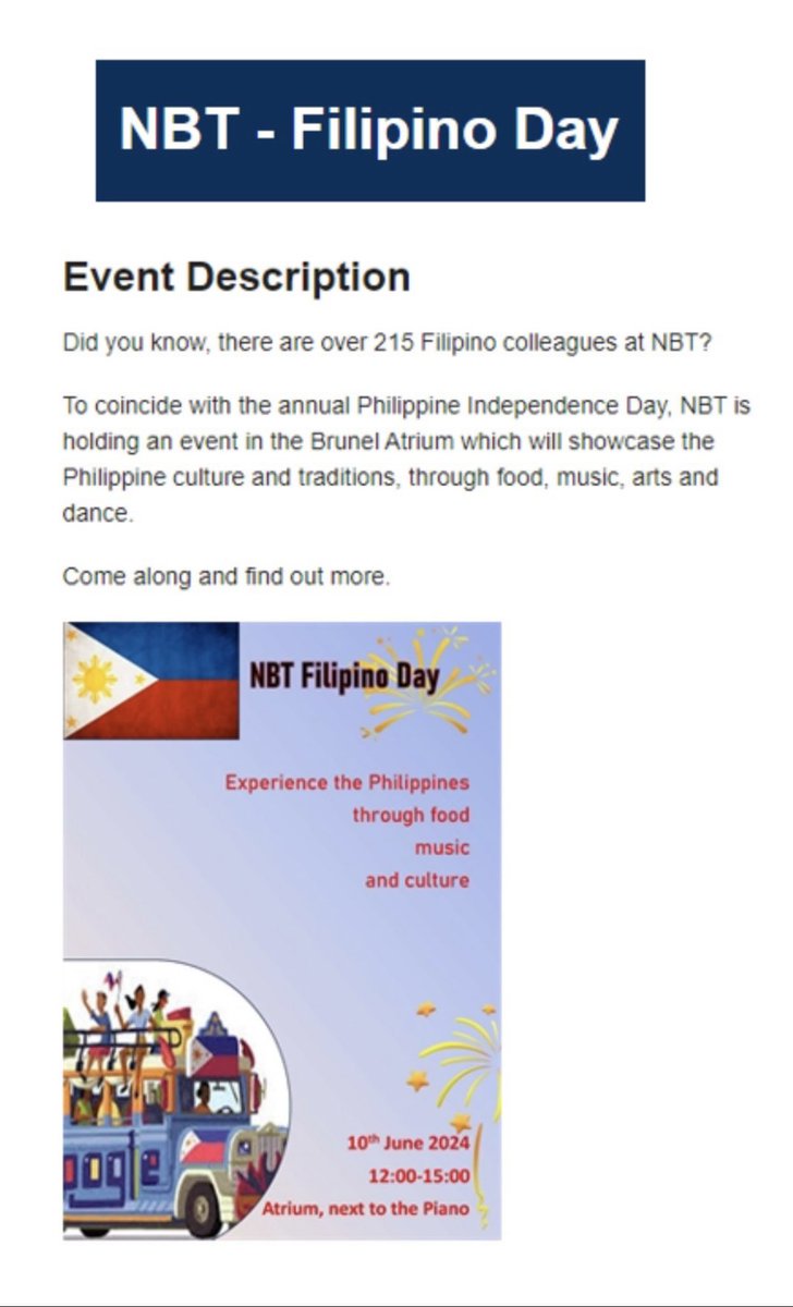 Please join us as we celebrate #nbt Filipino day on Monday 10.06.24 🇵🇭❤️#NBTFilipinoDay <a href="/RenalNbt/">@NBT_Renal</a> <a href="/NorthBristolNHS/">North Bristol NHS Trust</a> <a href="/MariaKaneNHS/">Maria Kane</a> <a href="/sphams/">Steve Hams</a> @juhughes123 <a href="/DumaDominique/">Dominique Duma</a>