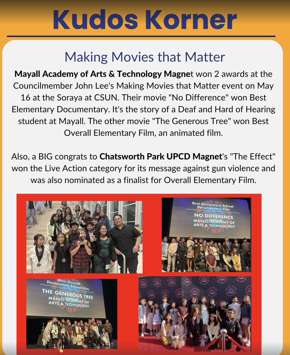 CanogaparkC's tweet photo. Kudos Corner! Featuring Chatsworth Park UPCD Magnet and Canoga Park MS Medical, Math and Science Magnet! https://t.co/3NxieiBt4B
