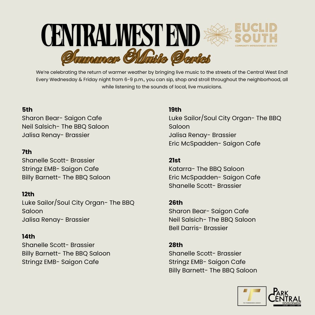 We’re joining the summer music celebration and the return of warmer weather by bringing live music to the streets of the Central West End! Every Wednesday and Friday night from 6-9 p.m., you can stroll the neighborhood, all while listening to the sounds of local, live musicians