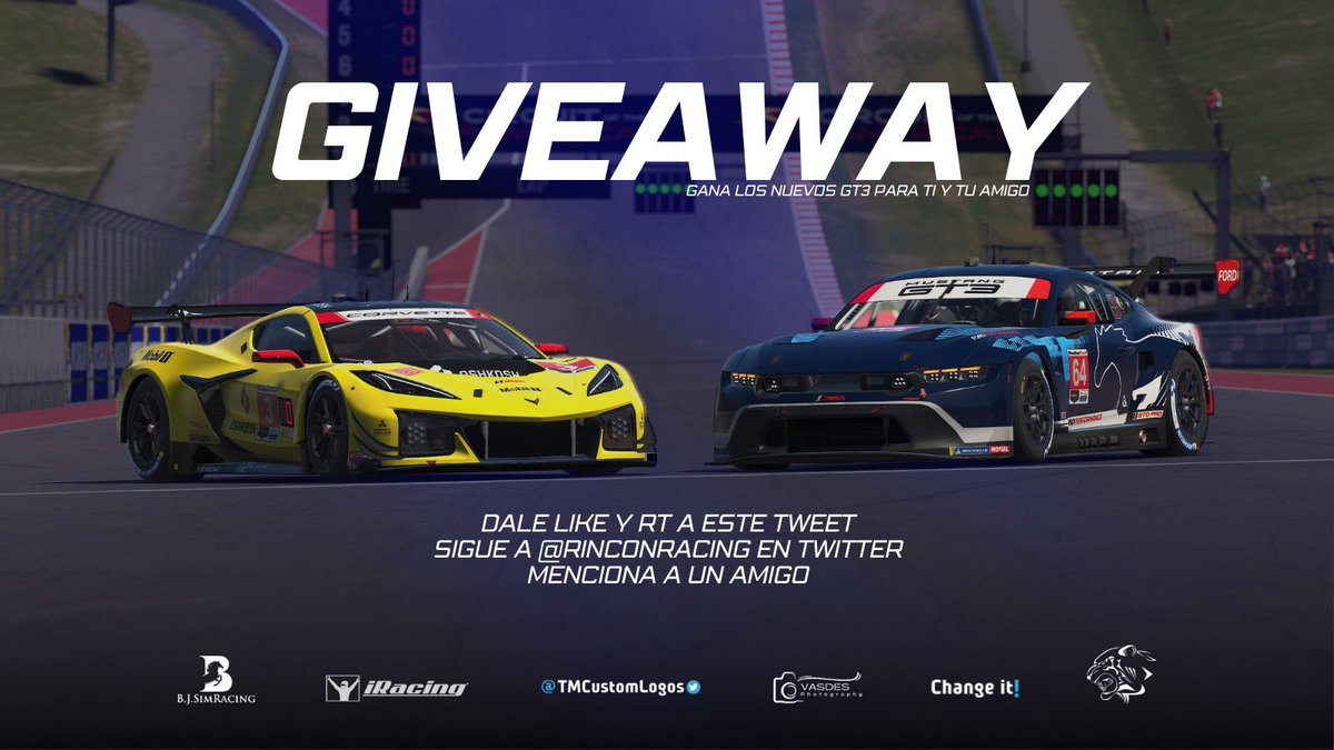 SORTEO!🏁

Con la llegada de dos nuevos GT3 a <a href="/iRacing/">iRacing</a>, Ford Mustang GT3 y Chevrolet Corvette Z06 GT3, vamos a sortear ambos, requisitos:

✅Seguir a <a href="/RinconRacing/">RinconRacing TMCustomLogos</a> 
✅Menciona a un amigo.
✅Like y Retwit.

Uno para ti y otro para el mencionado.

Sorteo viernes 07/06 en el canal