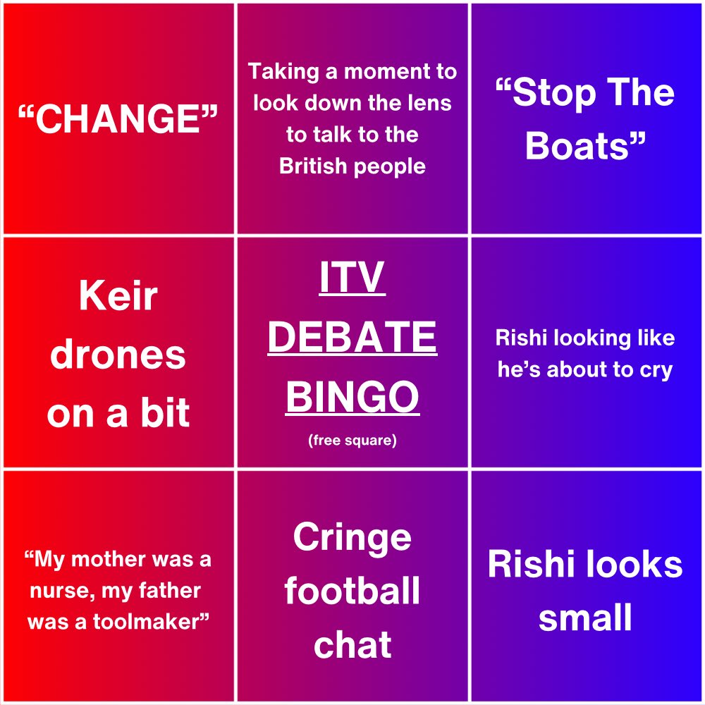 Your ITV debate bingo card for tonight 👇

#ITVDebate #SunakVStarmer