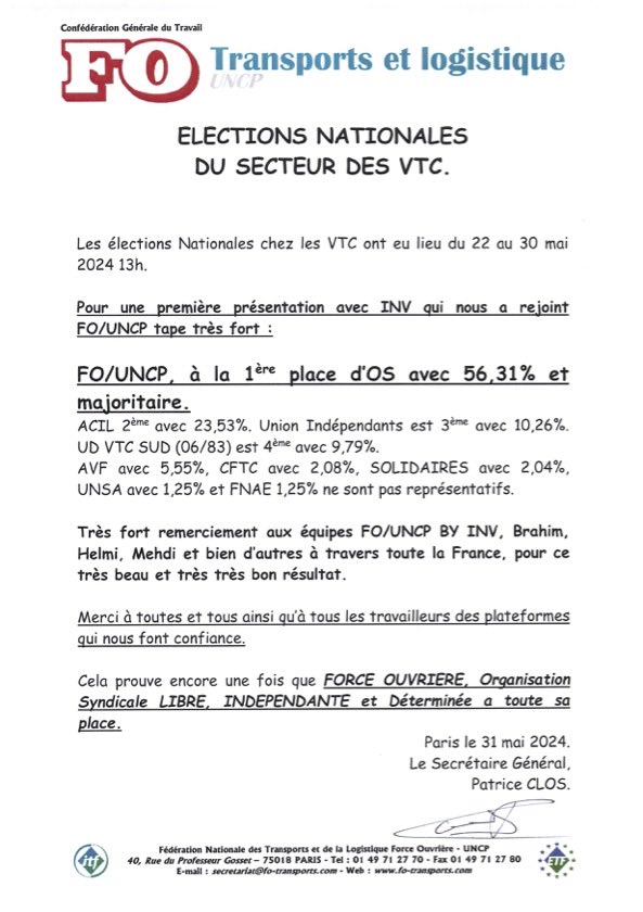 FO/UNCP première OS dans les VTC avec 56,31% des voix
