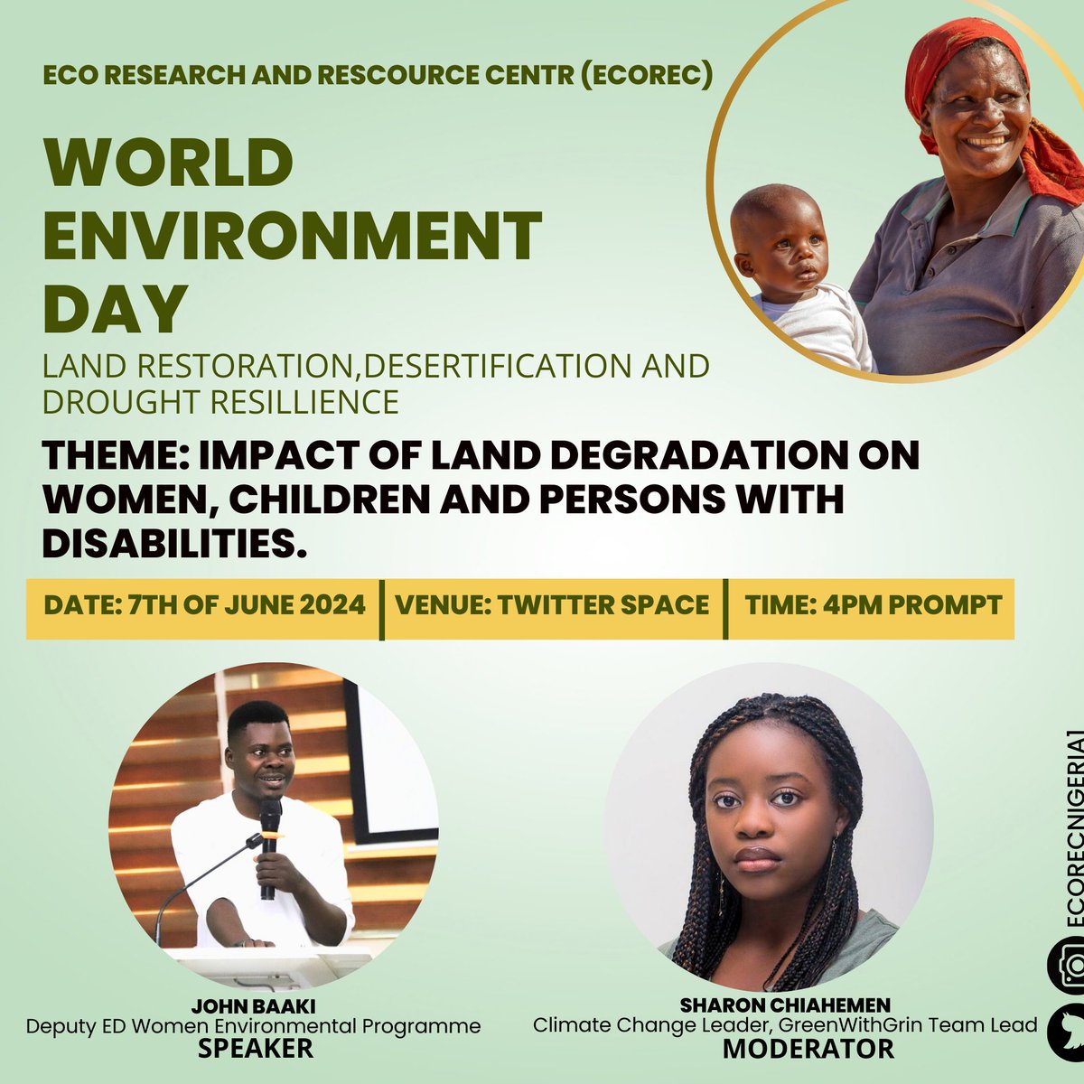 Join us to celebrate the World Environment Day as we discuss the profound impact of land degradation on women, children, and PWDs. Let's amplify voices and drive change!  #LandDegradation #Inclusion #SustainableFuture #worldenvironmentday <a href="/ECOWARRIORSS/">GO GREEN</a> <a href="/Greenisamissio1/">Green is a mission</a>