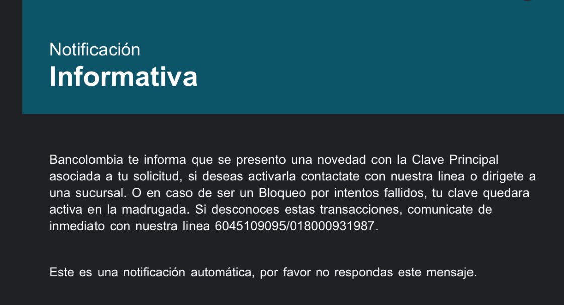danirojas08's tweet photo. @Bancolombia Hola me bloquearon también la clave y me intento comunicar al número de teléfono en Bogotá 6013430000 y se cae la llamada, no sé qué hacer? https://t.co/bmMvM2XMqL
