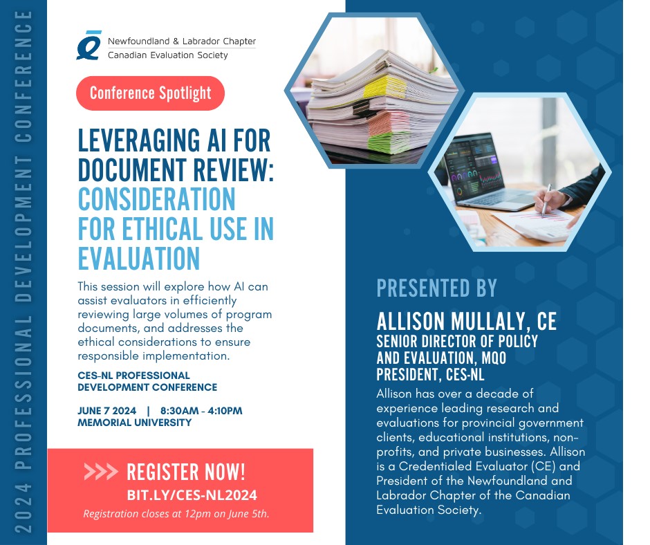 🌟 Conference Spotlight! 

Are you interested in learning more about AI? 🤖

Don't miss the session, "Leveraging AI for Document Review: Considerations for Ethical Use in Evaluation." 

➡️ Registration closes tomorrow at noon! Secure your spot now: 
bit.ly/CES-NL2024