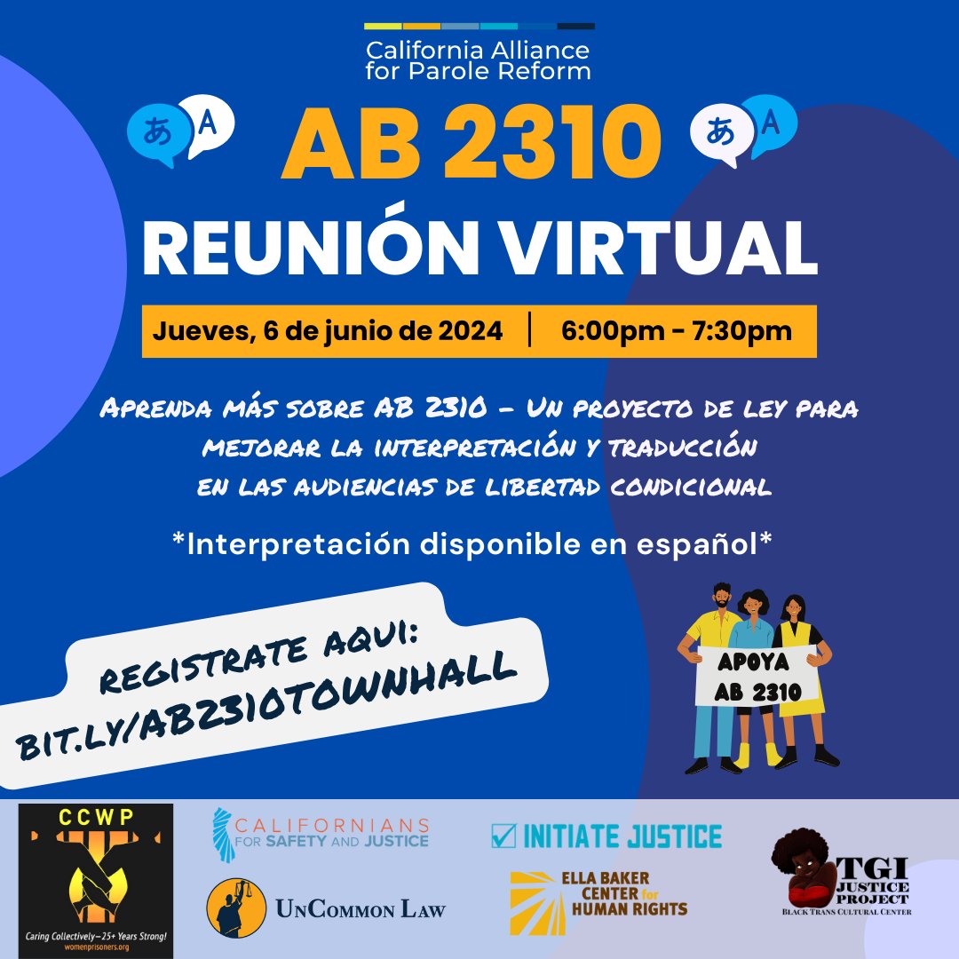 Ella Baker Center (@ellabakercenter) on Twitter photo Reunión Virtual Sobre AB 2310 - DETALLES
6pm - 7:30pm PST el jueves, 6 de junio
REGISTRESE AQUI: bit.ly/AB2310TOWNHALL
Nos encantaría verte allí!
<a href="/UnCommLaw/">UnCommon Law</a>
<a href="/safeandjust/">Californians for Safety and Justice</a>
@InitiateJustice
<a href="/tgijp/">TGI Justice Project</a> Reunión Virtual Sobre AB 2310 - DETALLES
6pm - 7:30pm PST el jueves, 6 de junio
REGISTRESE AQUI: bit.ly/AB2310TOWNHALL
Nos encantaría verte allí!
<a href="/UnCommLaw/">UnCommon Law</a>
<a href="/safeandjust/">Californians for Safety and Justice</a>
@InitiateJustice
<a href="/tgijp/">TGI Justice Project</a>