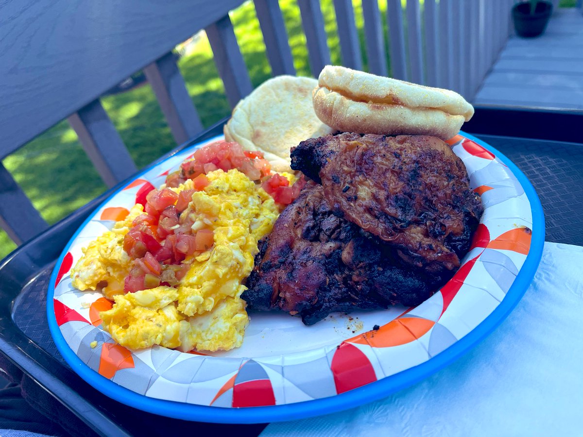 Not a common breakfast combination but barbecue chicken & scrambled eggs with a muffin for breakfast.
