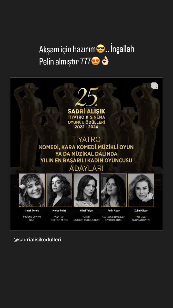 Tüm Fandom oturmuş Pelin’in ödül almasını bekliyoruz 😍👌🏻 inşallah Pelin alırrrrrrr inşalllaaaahhhh🤩

#PelinAbay