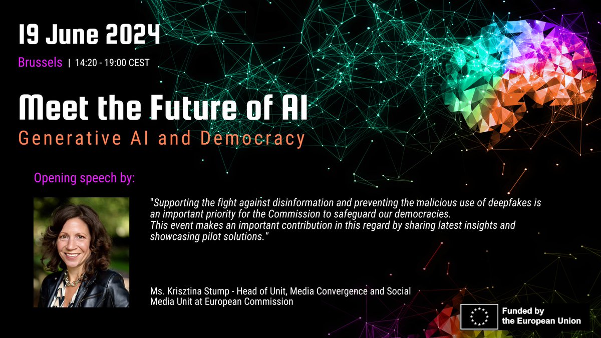 AI4Media (@ai4mediaproject) on Twitter photo Excited to announce <a href="/Krisztina_Stump/">Krisztina Stump</a>, Head of Media Convergence and Social Media Unit <a href="/EU_Commission/">European Commission</a>, will deliver the opening speech at our event!
"Meet the Future of #AI: #GenerativeAI and Democracy" 🗓️June 19📍Brussels!
Secure your spot now⬇️⬇️ eventleaf.com/Attendee/Atten… Excited to announce <a href="/Krisztina_Stump/">Krisztina Stump</a>, Head of Media Convergence and Social Media Unit <a href="/EU_Commission/">European Commission</a>, will deliver the opening speech at our event!
"Meet the Future of #AI: #GenerativeAI and Democracy" 🗓️June 19📍Brussels!
Secure your spot now⬇️⬇️ eventleaf.com/Attendee/Atten…