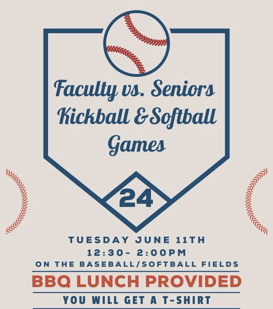 We’re excited for our faculty vs. seniors kickball and softball games next Tuesday! Come out and support the teams!