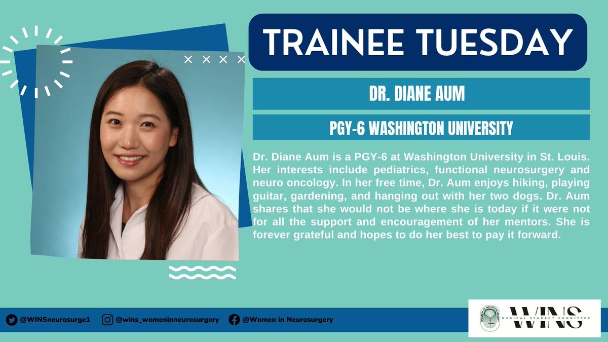 Women In Neurosurgery (WINS) (@womeninnsgy) on Twitter photo It's Tuesday! We're excited to introduce our first Tuesday Trainee of the month, Dr. Diane Aum from Washington University in St. Louis <a href="/DianeAumMD/">Diane Aum MD</a> @WUSTL <a href="/WashUNeurosurg/">WashU Med Taylor Family Department of Neurosurgery</a> #WINS #WomeninNeurosurgery #Neurosrugery It's Tuesday! We're excited to introduce our first Tuesday Trainee of the month, Dr. Diane Aum from Washington University in St. Louis <a href="/DianeAumMD/">Diane Aum MD</a> @WUSTL <a href="/WashUNeurosurg/">WashU Med Taylor Family Department of Neurosurgery</a> #WINS #WomeninNeurosurgery #Neurosrugery