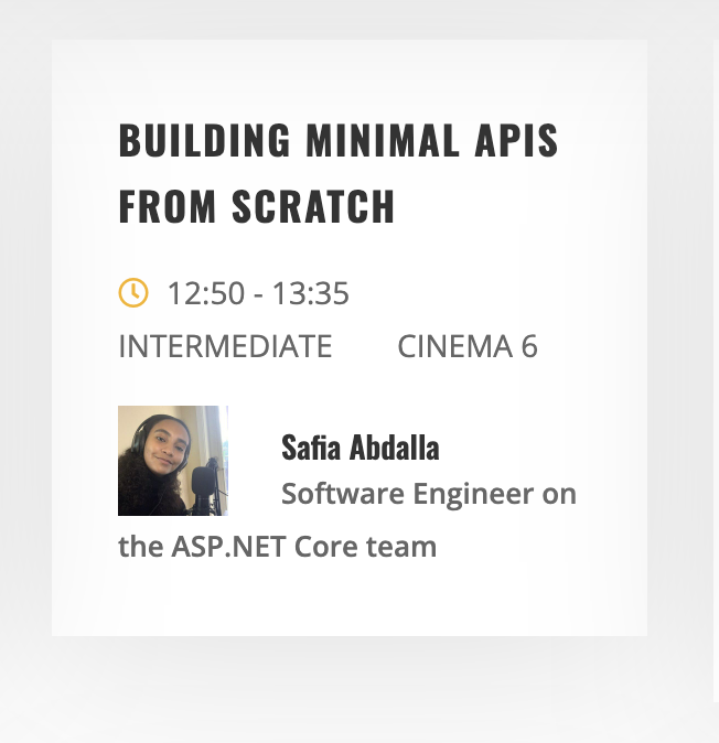Safia (@captainsafia) on Twitter photo The date: August 27th, 2024
The time: 12:50pm
The event: me building minimal APIs from scratch at <a href="/dotnetday_ch/">DotNetDay CH</a>
Want to see it live?
Buy your tickets at dotnetday.ch The date: August 27th, 2024
The time: 12:50pm
The event: me building minimal APIs from scratch at <a href="/dotnetday_ch/">DotNetDay CH</a>
Want to see it live?
Buy your tickets at dotnetday.ch