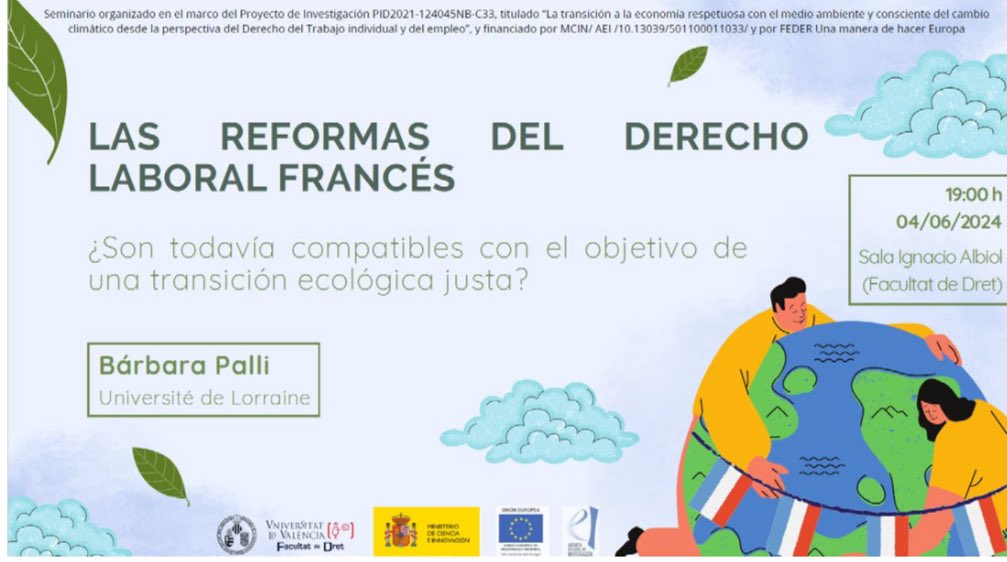 DTreballUV's tweet photo. Hoy nos ha visitado la profesora Bárbara Palli, de la Université de Lorraine, para contarnos las últimas reformas sobre transición ecológica justa en el Derecho laboral francés.

Y no podemos dejar de tomar notas porque se trata de un tema de vital importancia. https://t.co/DE7C2tnJ6Q