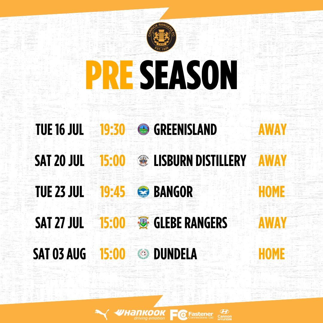 🗓️ Carrick Rangers’ preseason schedule of fixtures will commence in mid-July. 👉 bit.ly/Preseason24-25