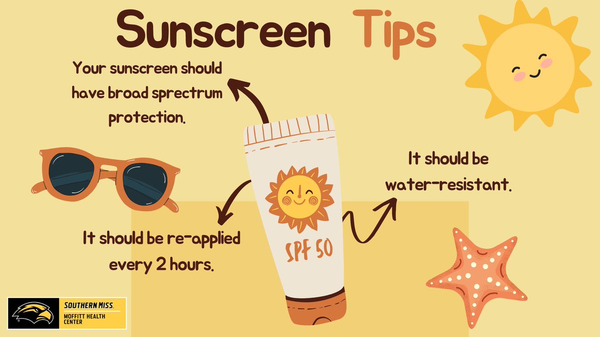 USMhealth's tweet image. ☀️🧴 Sunscreen season is here! 🧴☀️
Don't forget to slather on that SPF before soaking up the sun. Protecting your skin not only prevents painful sunburns, but it also reduces the risk of skin cancer later in life. 🩹🦀😎🏖️ #SunscreenTips #SkinHealth #MoffittHealth