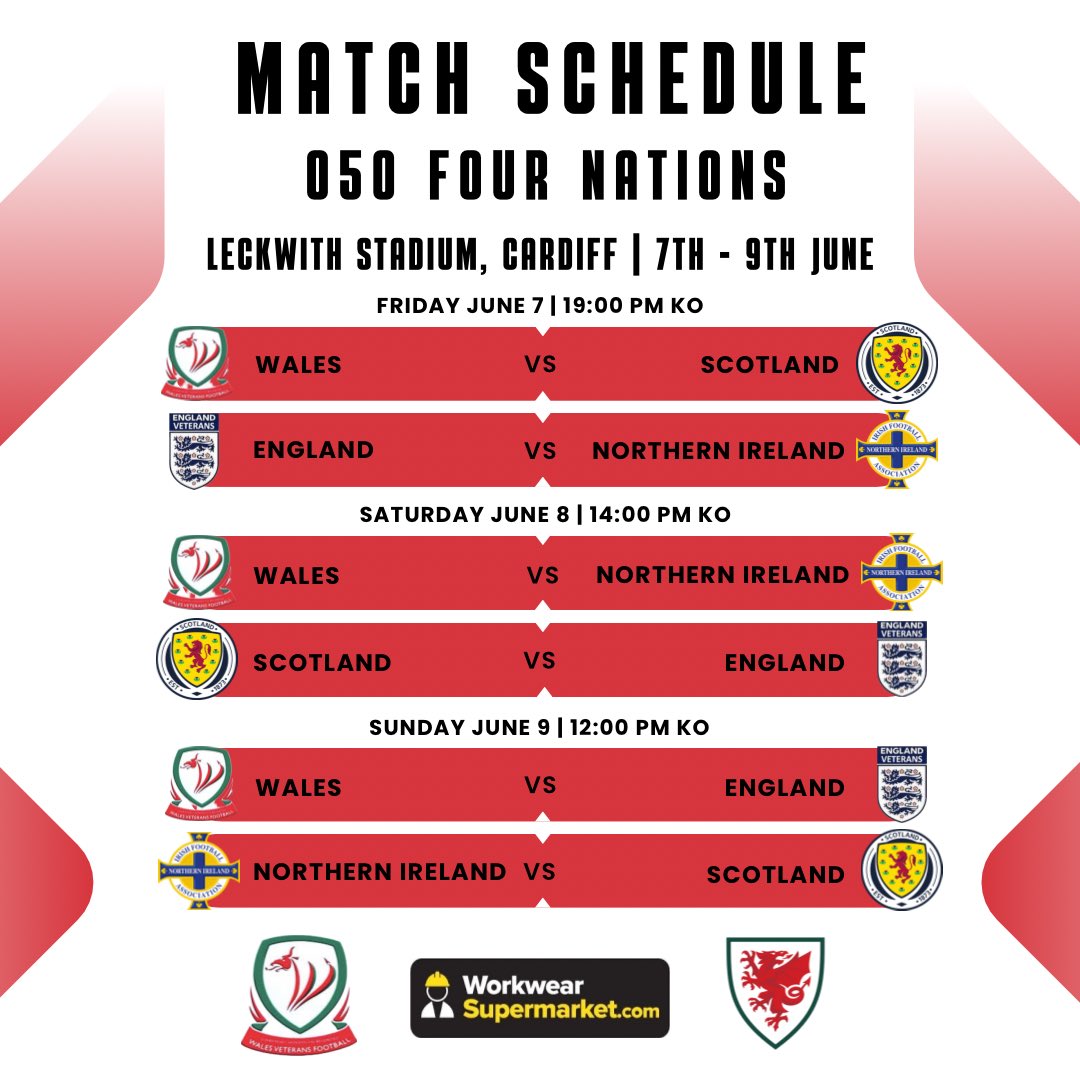 **Over 50s Four Nations Squad**

<a href="/roganmatthews/">Rogan Matthews</a> has named a strong squad for this weekends Four Nations Tournament being held on home soil at <a href="/HouseofSportCDF/">Cardiff City House of Sport</a> Leckwith

#Wales kick off on Friday against #Scotland whilst <a href="/EnglandVetsFc/">Andrew Cranch</a> play <a href="/IrishFA/">Irish FA</a> - both KOs at 7pm

❤️🏴󠁧󠁢󠁷󠁬󠁳󠁿⚽️
