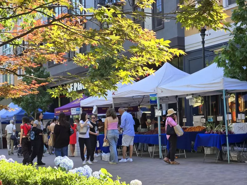 Farmers' markets in the Bay Area are usually held on weekend mornings, mostly in parking lots. However, Santana Row Farmers' Market is the only market in South Bay that is held on weekdays. Surrounded by the shade of large trees, it is cool to go shopping on a hot afternoon.
