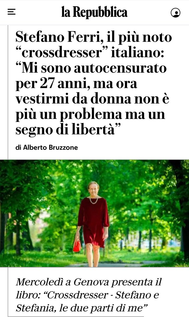 E con questo lusinghiero titolo di <a href="/LaRepubblica_it/">La Repubblica It</a> vi do appuntamento domani sera, mercoledì 5 giugno, ore 18.45 a Genova, presso Space4business, per parlare del mio libro Crossdresser. ❤️ Buona serata a tutti!
