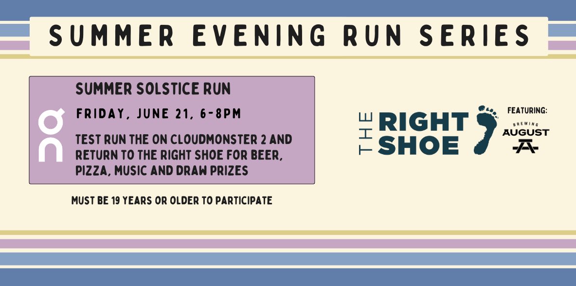 Our Summer Solstice Run with <a href="/on_running/">On</a> is coming up! 

A great opportunity to test run the new Cloudmonster 2 + win some amazing draw prizes. 

Grab your tickets ahead of time here: eventbrite.ca/e/summer-solst…