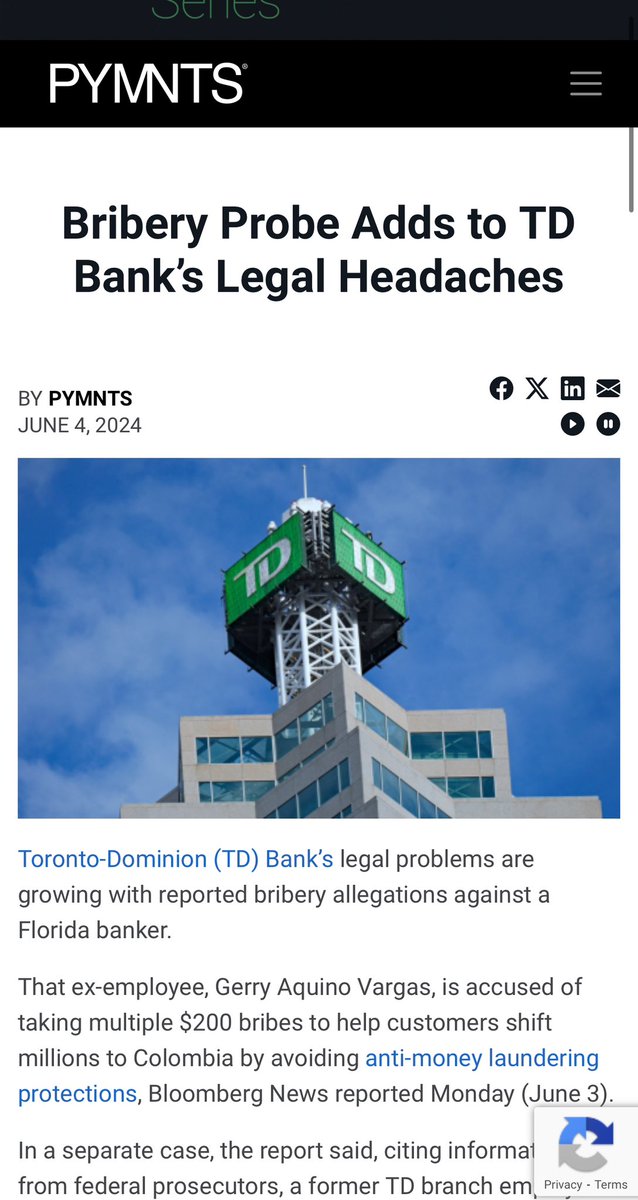 kshaughnessy2's tweet photo. Add bribery allegations to TD Bank's legal troubles. 

"Toronto-Dominion (TD) Bank’s legal problems are growing with reported bribery allegations against a Florida banker.

That ex-employee, Gerry Aquino Vargas, is accused of taking multiple $200 bribes to help customers shift millions to Colombia by avoiding anti-money laundering protections, Bloomberg News reported Monday (June 3).

In a separate case, the report said, citing information from federal prosecutors, a former TD branch employee in New York admitted to defrauding a customer by bypassing the bank’s compliance measures..."

https://t.co/8gvSuFWpap