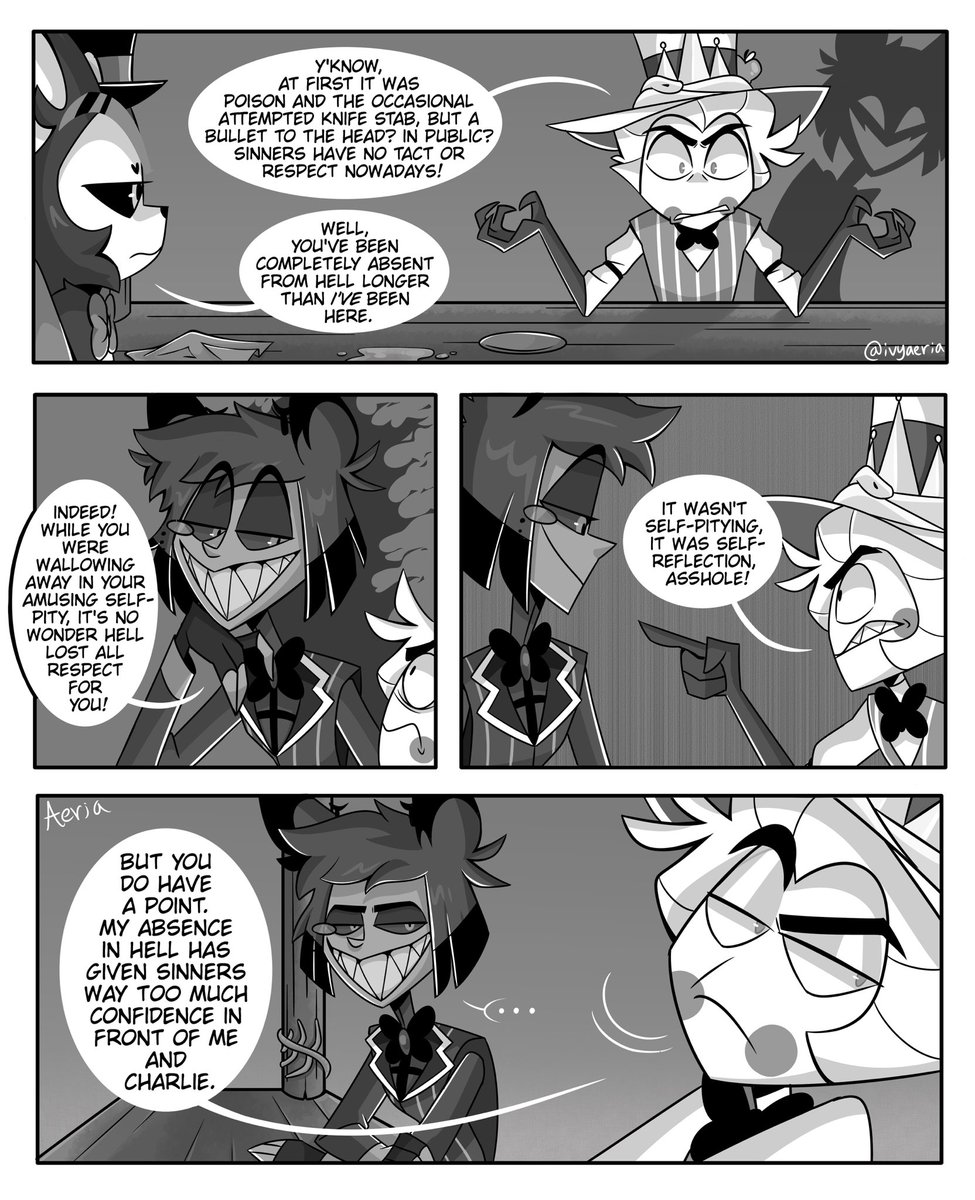 ivyaeria's tweet photo. Starting to get into the meat of things

(I’m so excited to post part 6, Alastor solo mission) 

Part 5/10 

#HazbinHotel #HazbinHotelLucifer #HazbinHotelFanart #HazbinHotelAlastor https://t.co/qGFoG2dNwH