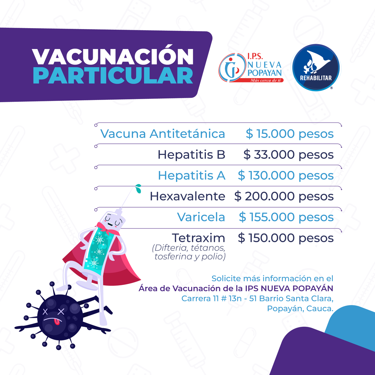 IpsNuevaPopayan's tweet photo. 😊 Damos a conocer nuestro servicio de vacunación particular para adultos. Si estás interesado o necesitas más información, acércate al área de vacunación de la IPS. Te esperamos. https://t.co/tiWeVQH5pE