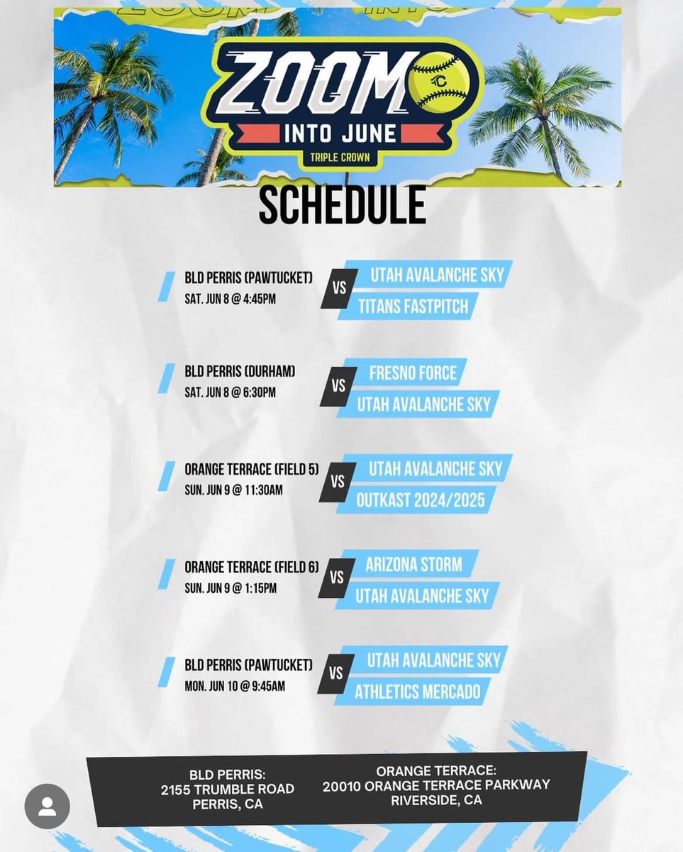 Jazmine Prathan (@jazmineprathan) on Twitter photo Our schedule is out for this weekend. Were playing in the <a href="/TCSFastpitch/">TC Fastpitch</a> Zoom into June showcase in Cali.
We hope to see you all there
<a href="/avalanche_sky/">Utah Avalanche Sky</a> <a href="/UT_Avalanche/">Utah Avalanche Fastpitch</a> Our schedule is out for this weekend. Were playing in the <a href="/TCSFastpitch/">TC Fastpitch</a> Zoom into June showcase in Cali.
We hope to see you all there
<a href="/avalanche_sky/">Utah Avalanche Sky</a> <a href="/UT_Avalanche/">Utah Avalanche Fastpitch</a>