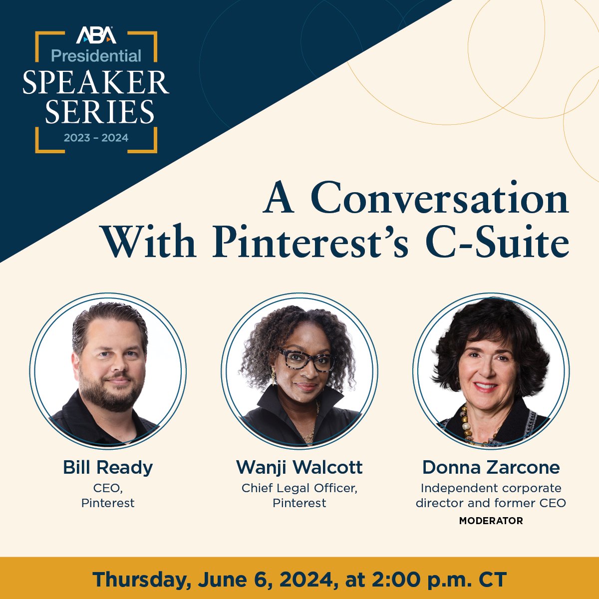 ABAesq's tweet photo. On June 6 watch Pinterest's CEO &amp; chief legal officer in conversation with independent corporate director &amp; former CEO Donna Zarcone. They will discuss Pinterest’s vision for the future, how artificial intelligence is impacting tech companies, and more. https://t.co/dQCpbIt6id https://t.co/0RLG4zUtfa