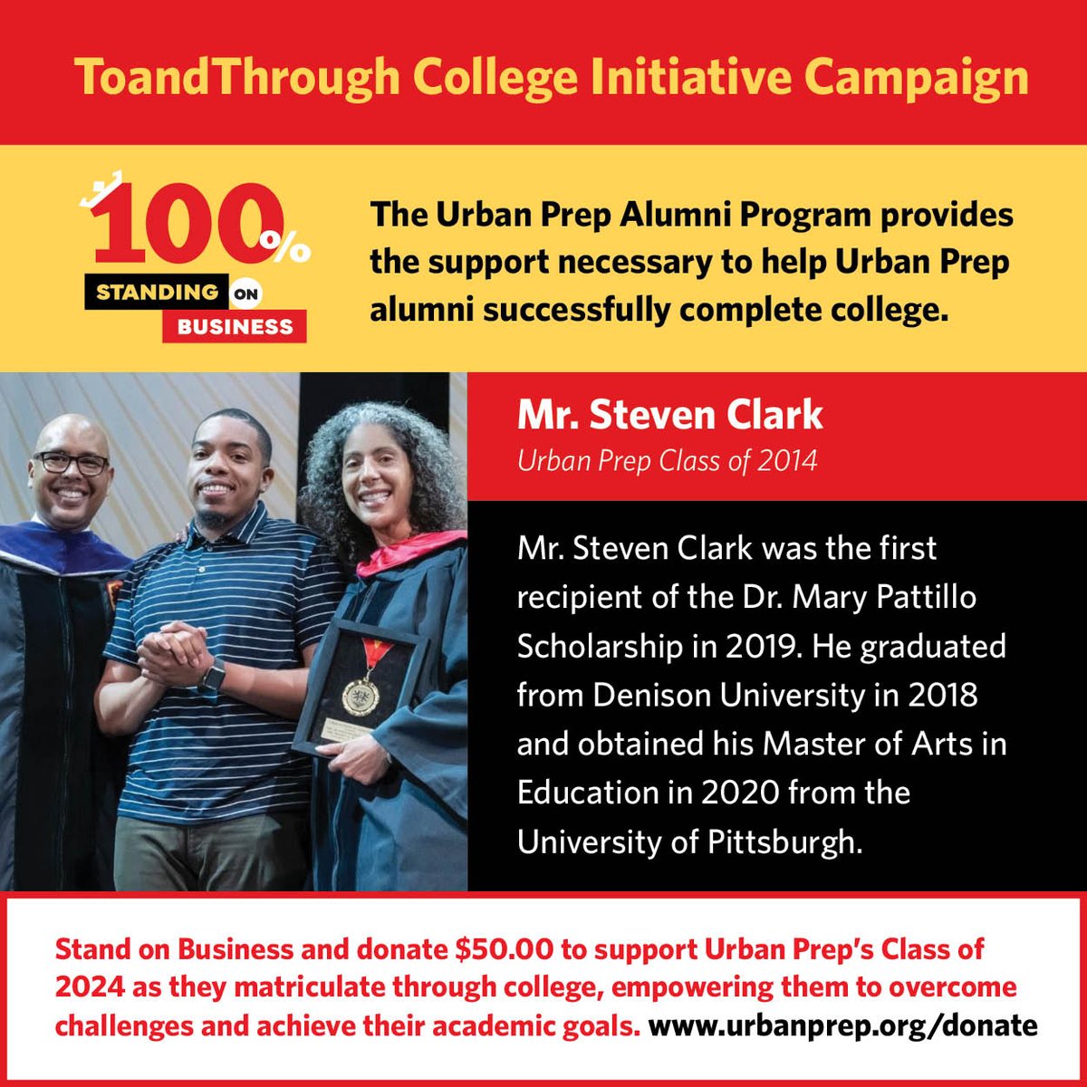 UrbanPrep's tweet image. Join us in shaping the future of our students like Mr. Steven Clark, the first recipient of the Dr. Mary Pattillo Scholarship.

Donate $50 to support Urban Prep's Class of 2024 and receive a 100% Standing on Business T-shirt as our special thank you: urbanprep.org/donate