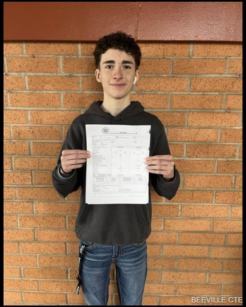 Beeville CTE Welding student William passed the American Welding Society D1.1 industry weld test during the 2023-24 school year!  Congratulations on your success and this important step toward your future!