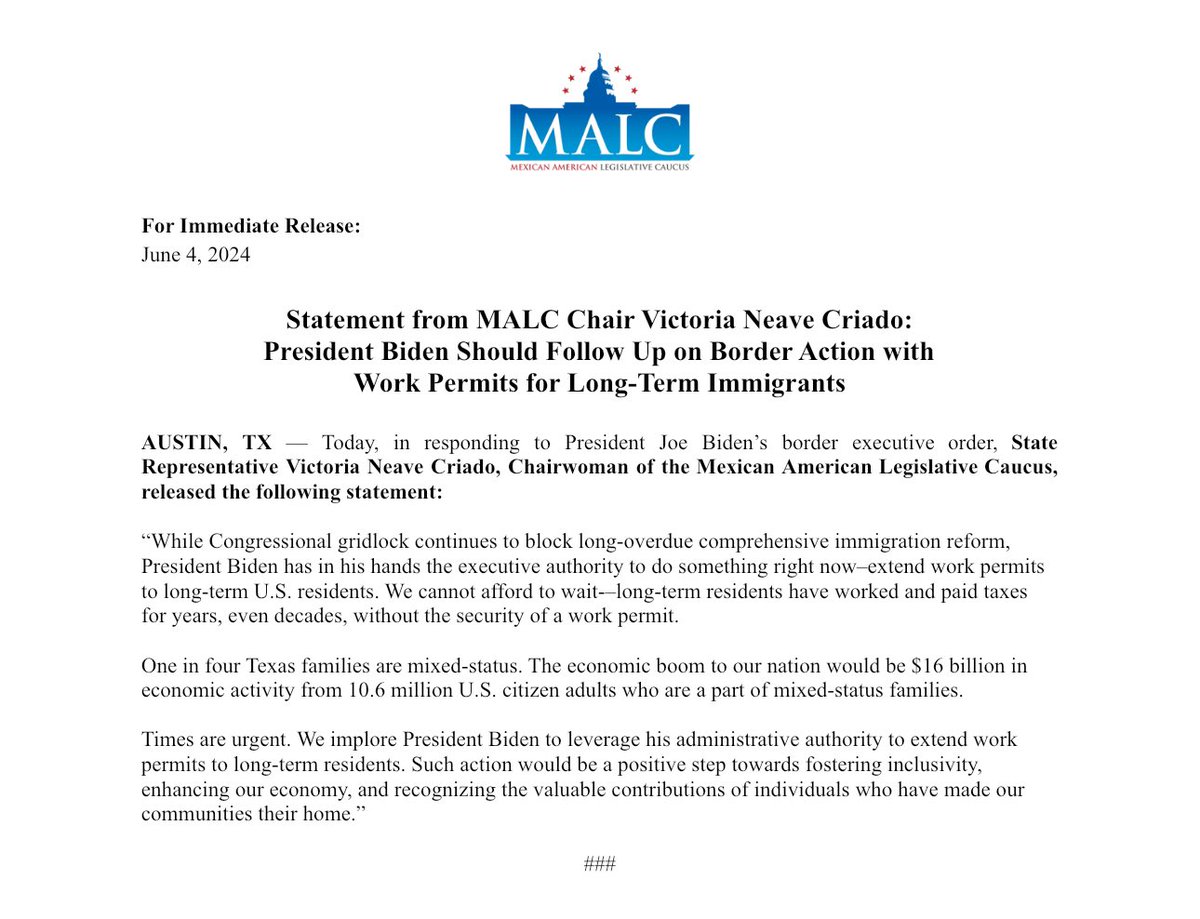 MALC Chair <a href="/Victoria4Texas/">Victoria Neave</a> responds to Biden Admin border executive order:

“While Congressional gridlock continues to block long-overdue comprehensive immigration reform, President Biden has in his hands the executive authority to do something right now—extend work permits to