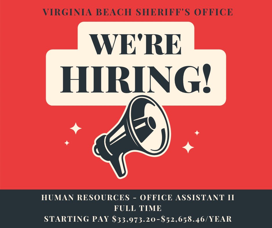 VBSO's tweet photo. NOW HIRING! We’re looking for an office assistant to work in our Human Resources Division. Apply by June 15 at https://t.co/RjWVswo3VM. #NowHiring #VirginiaBeach #VBjobs https://t.co/A4bjokE8DO