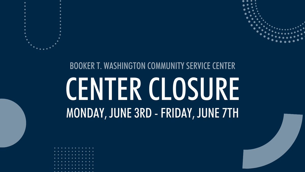 The Center will be closed from Monday, June 3rd to Friday, June 7th for staff development. Please see the resource guide in our link in bio for assistance during this closure. We look forward to seeing you on Monday, June 10th! 

#WeAreBookerT #BookerTThePlaceToBe