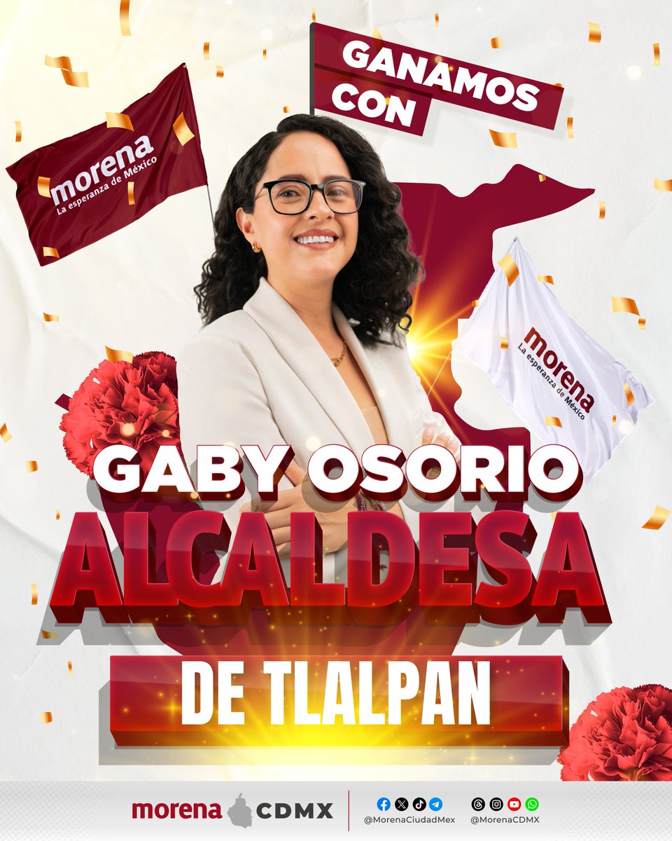 MorenaCiudadMex's tweet photo. ¡Celebramos con mucha alegría el triunfo de @Gabyosoriohdz en Tlalpan! 🎉 
Vamos a reescribir una nueva historia de esperanza para las y los habitantes de la demarcación que apoyaron y lograron una contundente victoria de la Transformación.

#VictoriaDelPueblo 🏆✨ https://t.co/vDqSwabp1u