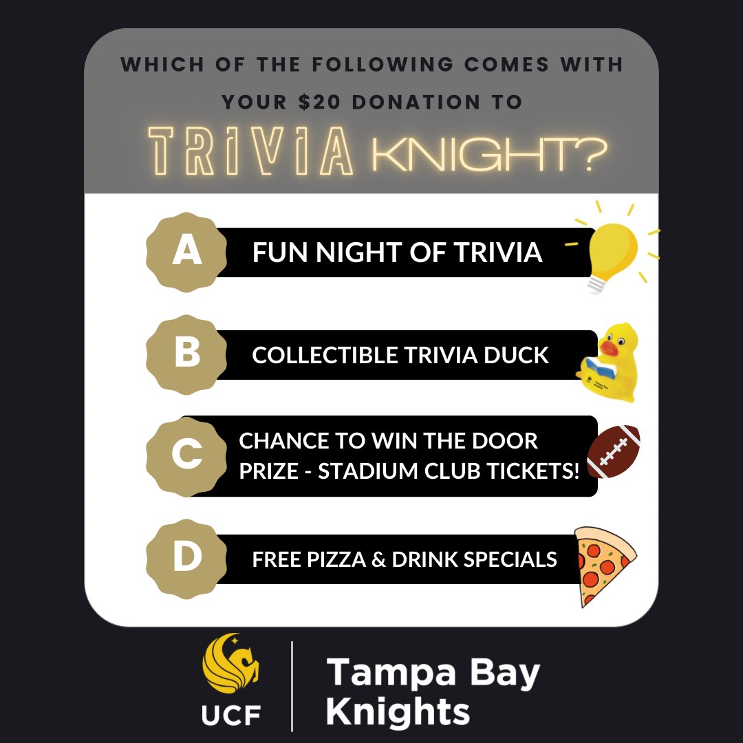 Trick question - it’s all of the above! We promise, no trick questions on Thursday night! Complete against other <a href="/UCFALUMNI/">UCF Alumni</a> for a chance to win prizes, while supporting UCF! Trivia Knight, this Thursday at Henderson’s- 6-8pm!⚡️🔛 registration link in bio!
