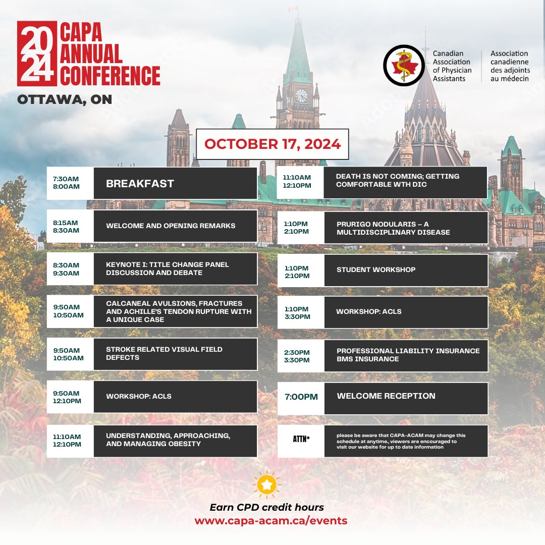 CAPA_ACAM's tweet photo. CAPA 2024 Annual Conference program is now available! Join us for an incredible 3-day event filled with inspiring speakers, networking opportunities, and hands-on workshops | https://t.co/II1z7vDWMg
#CAPA2024 #PhysicianAssistants #Healthcare #HealthConference2024 #Canada https://t.co/OEWNBMyjYE
