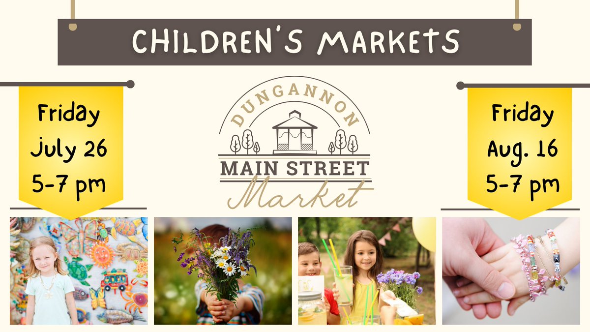 Hey kids, be a part of Dungannon's Main Street Children's Market! Whether you make crafts, artwork, or have a special talent, we'd love to have you join us.

Friday, July 26 - 5-7:30 pm
Friday, August 16 - 5-7:30 pm

Email dungannonmarket@gmail.com to reserve your spot!