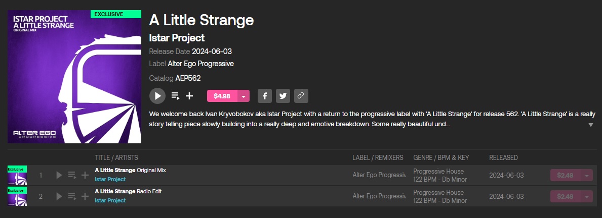 Hello friends! Our new track Istar Project - A Little Strange is out! Many thanks to our friends Alter Ego Records for their support and release!
#istarmusic #istarproject #alteregomusic #trance #progressivetrance #upliftingtrance #progressivehouse #beatport #edm #followback