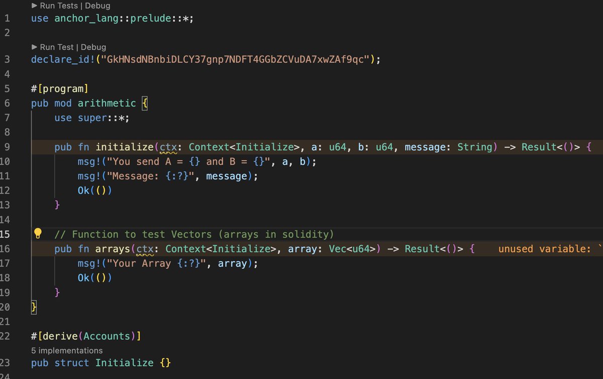 Mike_Bello90's tweet photo. in #solana when you create a program using anchor the address of your smart contract is created in the declare_id sentence. this program shows how you can receive integers, strings and vectors (arrays) in Solana programs and show it to the console. https://t.co/mWxJ4jWStG