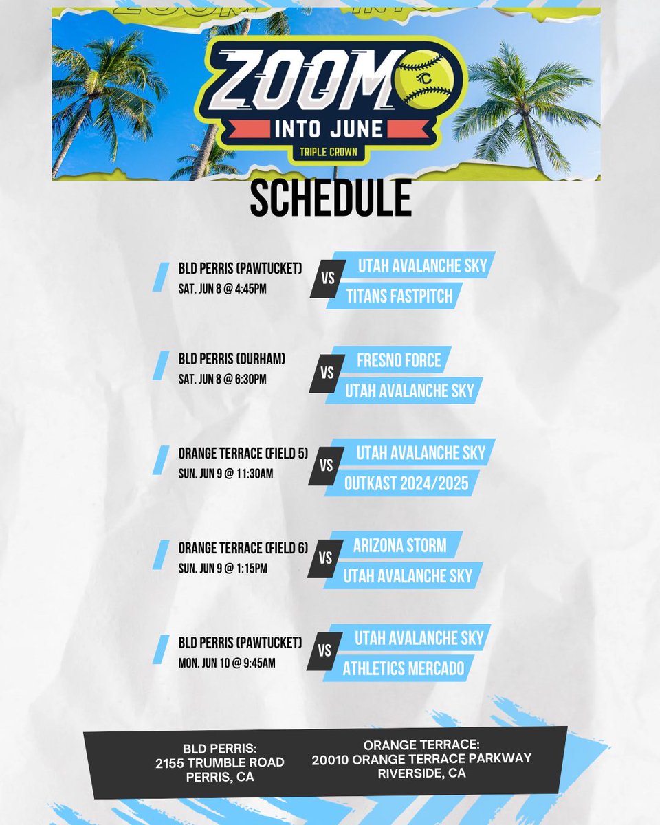 We are playing in Cali this weekend in the <a href="/TCSFastpitch/">TC Fastpitch</a> Zoom into June. Come out and watch us play. <a href="/triplecrownspts/">Triple Crown Sports</a> <a href="/avalanche_sky/">Utah Avalanche Sky</a> <a href="/UT_Avalanche/">Utah Avalanche Fastpitch</a>