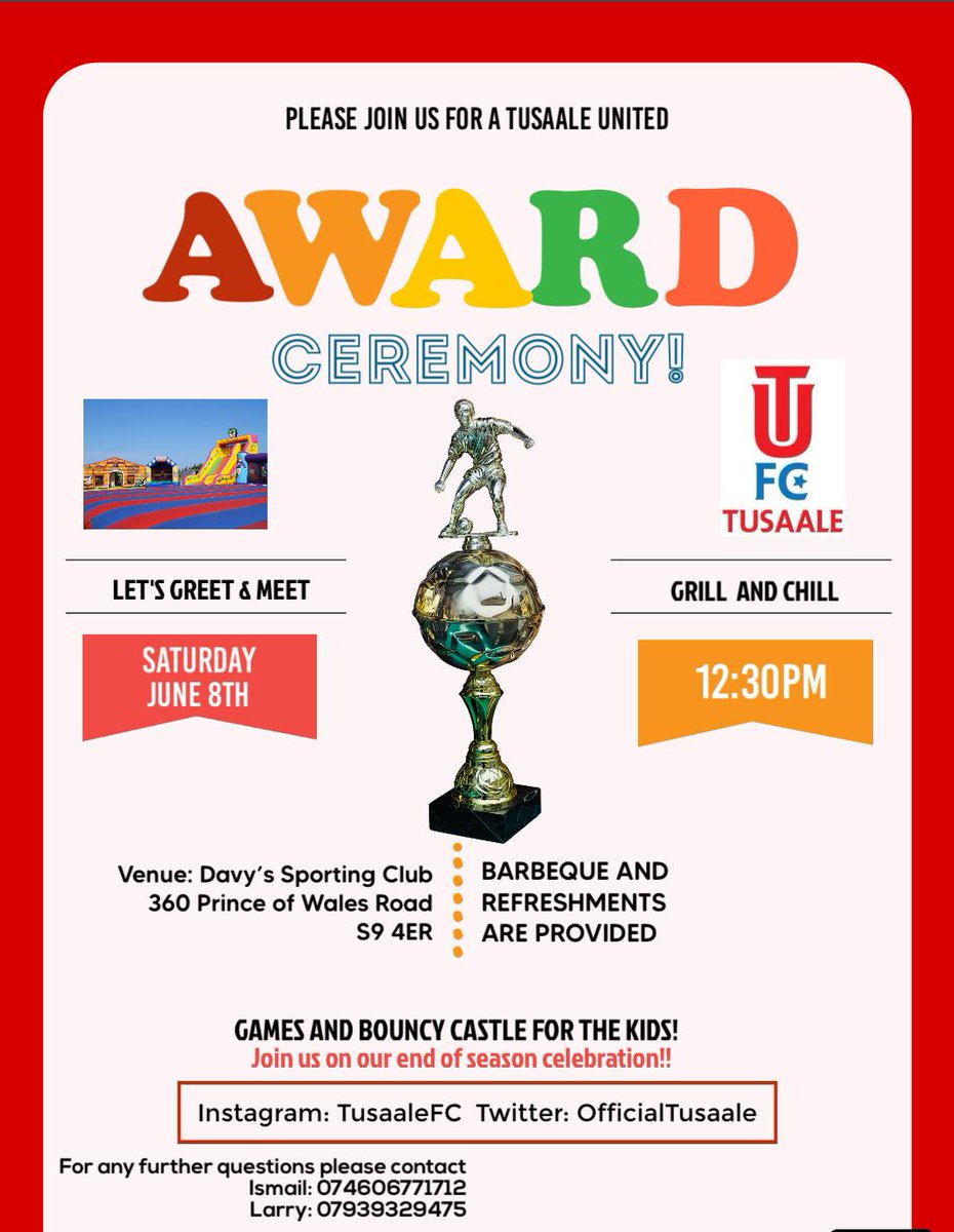 Tusaale yearly Ceremony/Community day - Join us Saturday 8th June at the #UrbanCentre Darnall Diamonds ground for 12.30pm.