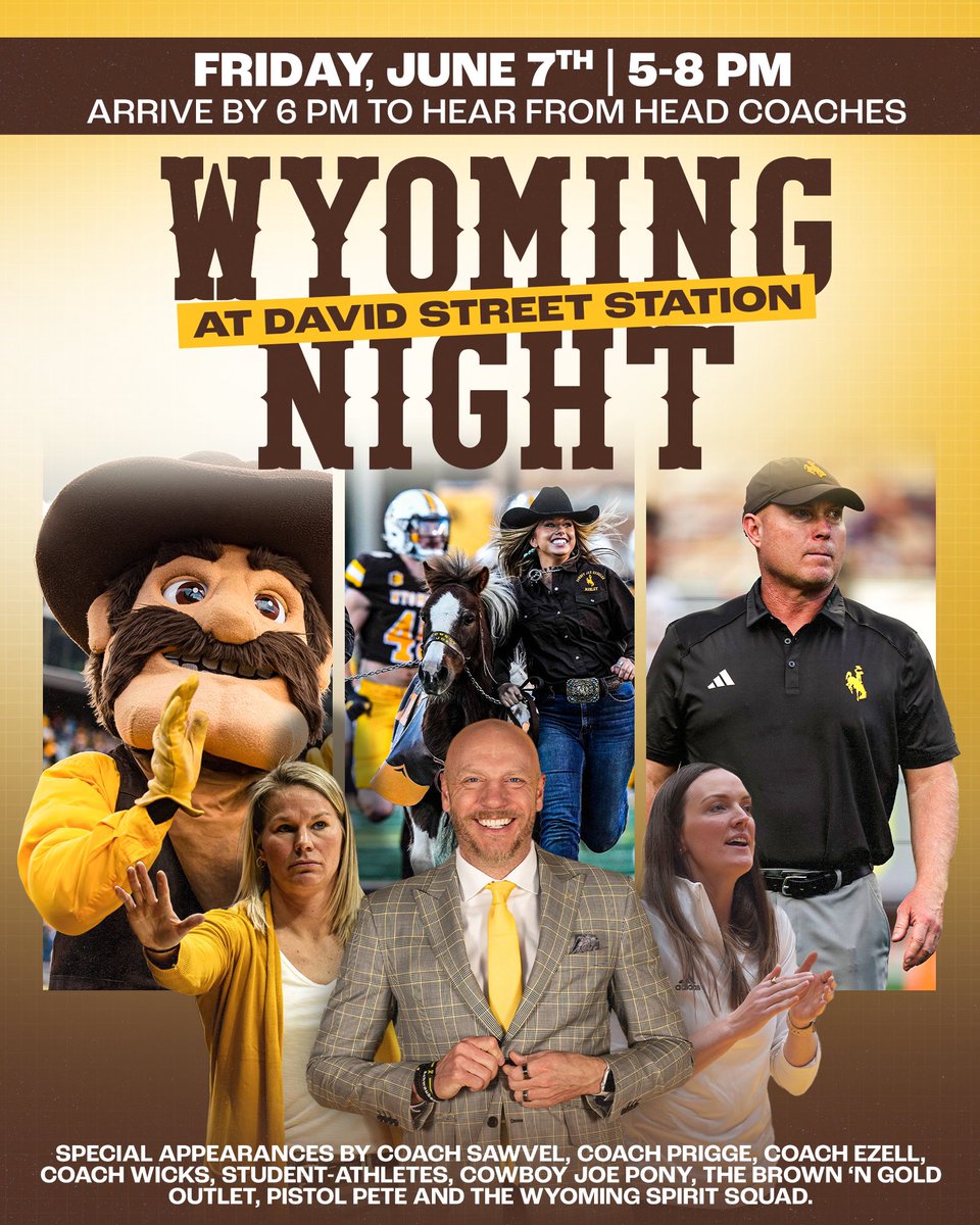 wyoathletics's tweet photo. Wyoming Night at David Street Station! Free for all &amp; a bunch of special guest appearances! See you there on June 7th #OneWyoming 🤠🆙 https://t.co/fh84E4SyzX