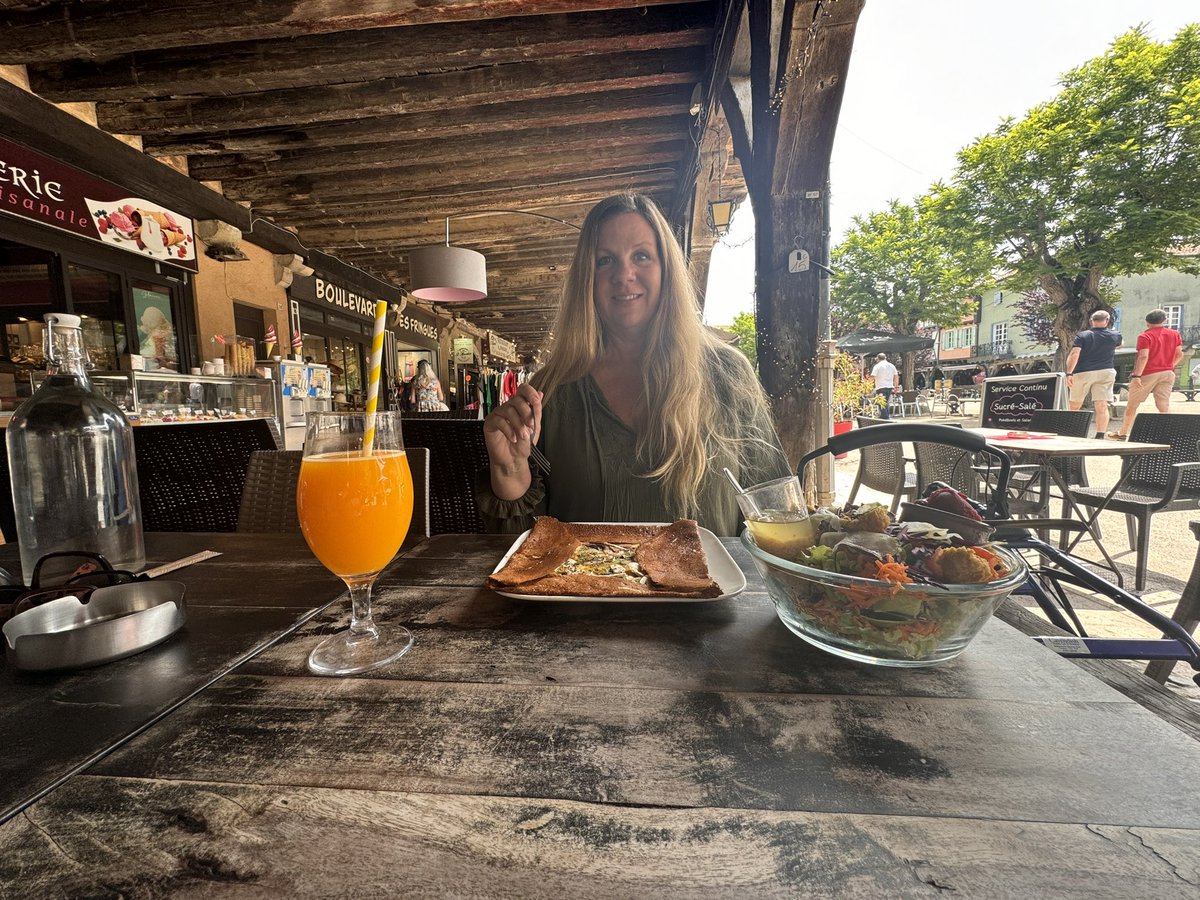 naturelover247's tweet photo. Mirepoix, France is such a sweet town. Since 1290 the town has remained the same… 
Fresh squeezed orange juice, a perfectly made galette, and an amazing fresh salad was on the menu today. Bon Appetite! https://t.co/YjtQ0ZkZLG