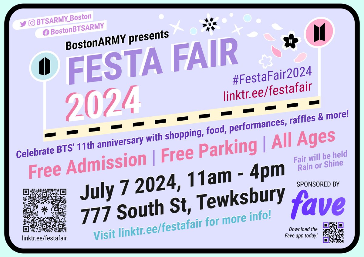 Boston ARMY⁷ (@btsarmy_boston) on Twitter photo ❄ #FestaFair2024 🌸 sponsored by <a href="/Faveforfans/">Fave for Fans</a>
📆 July 7th, 11am-4pm
📍 777 South St, Tewksbury MA
Festa Fair 2024 will feature more than 30 vendors, delicious food, performances, face painting, raffles & more!
Register for FREE Tickets 🎟
🔗 linktr.ee/festafair ❄ #FestaFair2024 🌸 sponsored by <a href="/Faveforfans/">Fave for Fans</a>
📆 July 7th, 11am-4pm
📍 777 South St, Tewksbury MA
Festa Fair 2024 will feature more than 30 vendors, delicious food, performances, face painting, raffles & more!
Register for FREE Tickets 🎟
🔗 linktr.ee/festafair