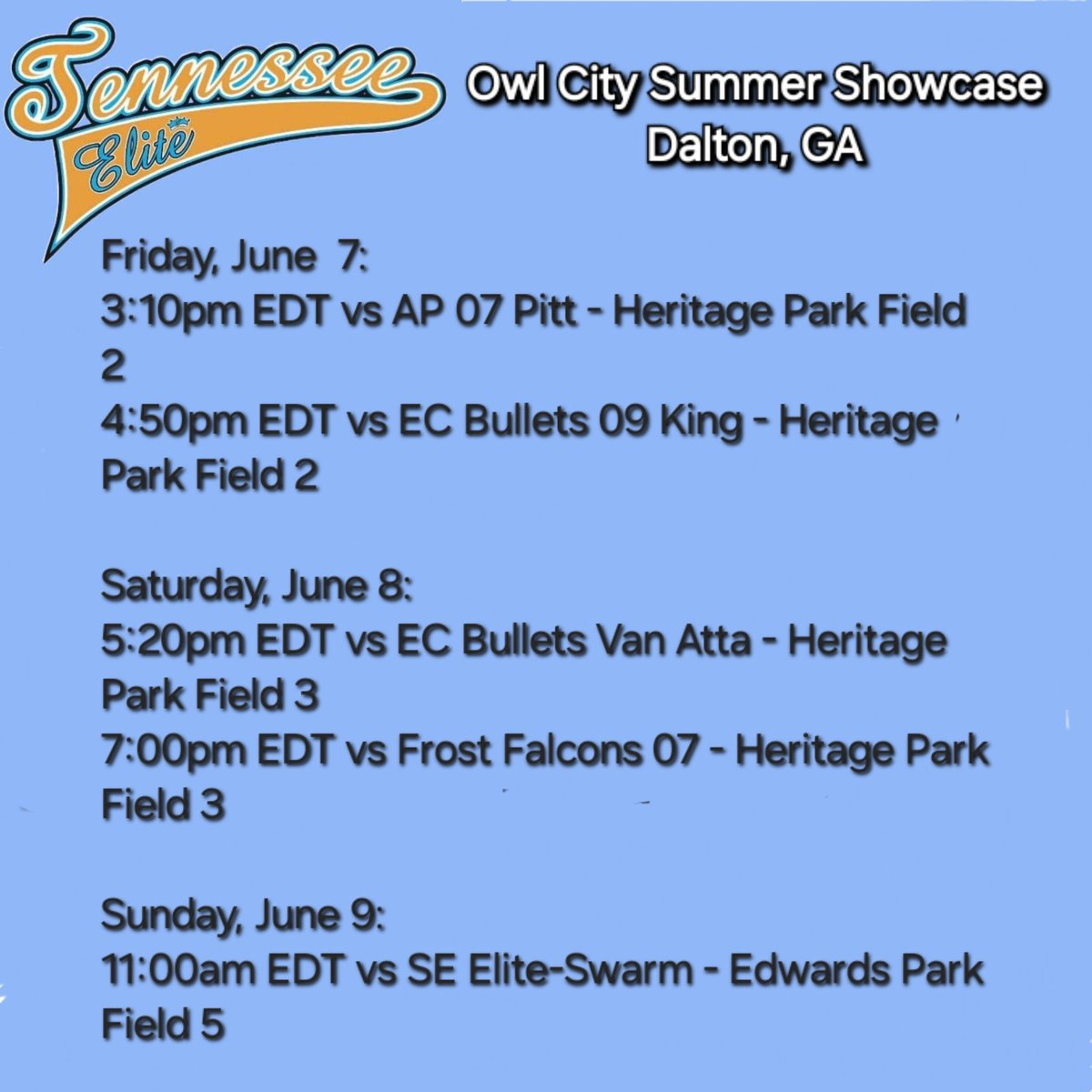 Our schedule for this weekends Owl City Shootout.